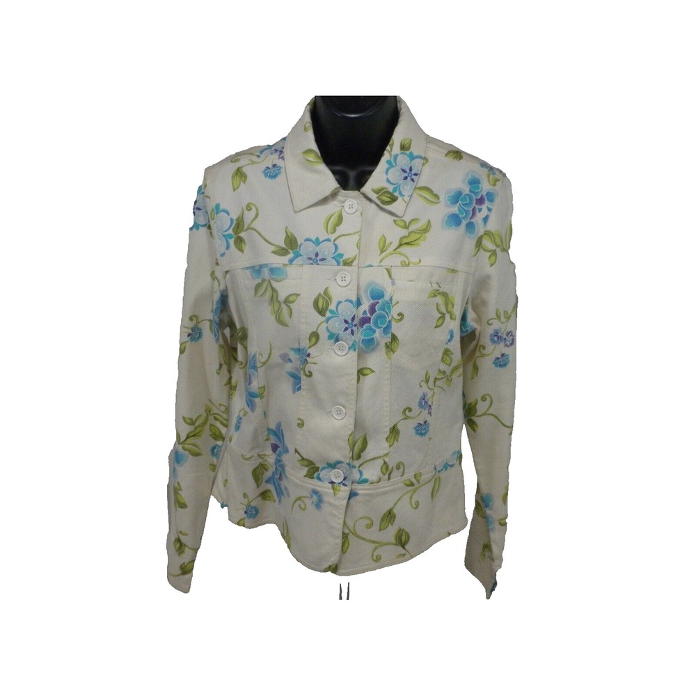 Lemon Grass Studio Jacket M White Floral Tapestry Button Down Long Sleeve Blazer